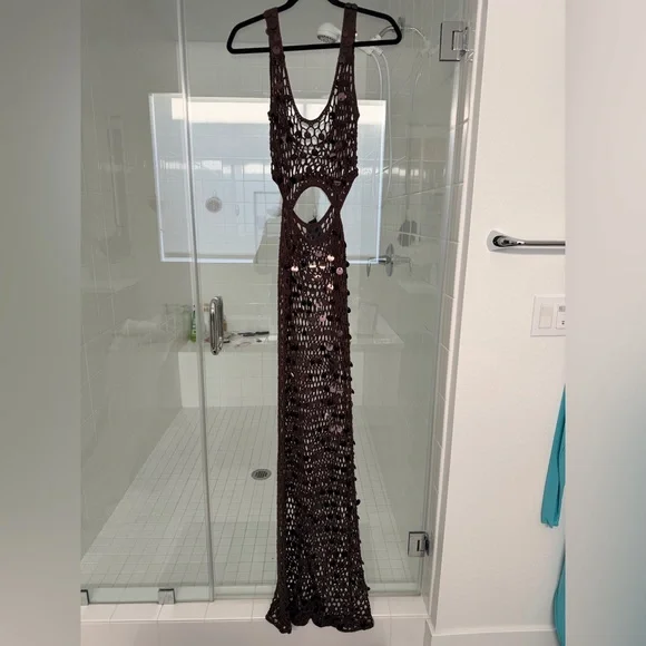 Superdown Chocolate Crochet Dress with Sequin Accents - Picture 1 of 6